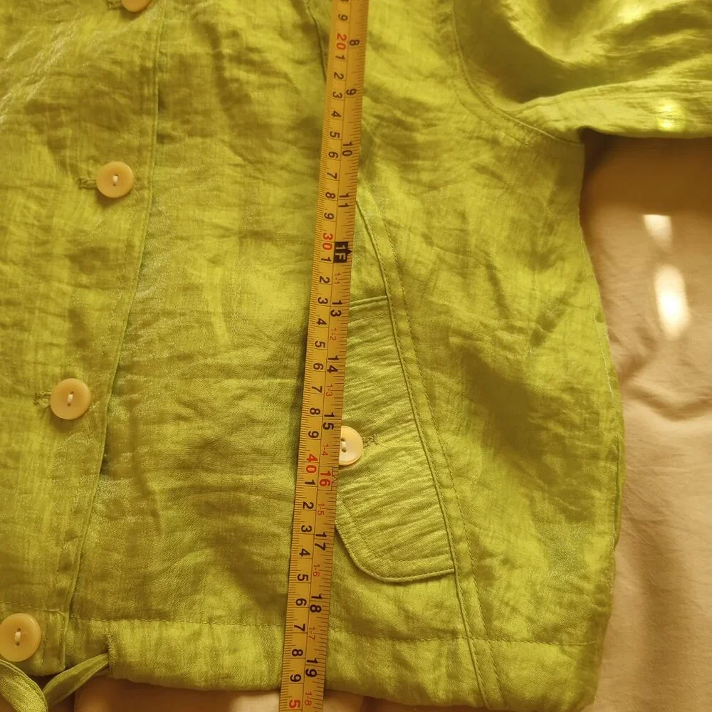 90s Lime Green Boho Whimsygoth Crinkle Jacket Rayon Blend Button Front Linear - Picture 5 of 7